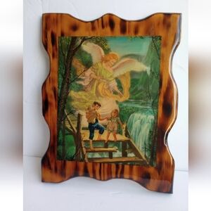 Vtg Guardian Angel & Children  Wood Wall Art Plaque MCM 14"X10.75"  See …
